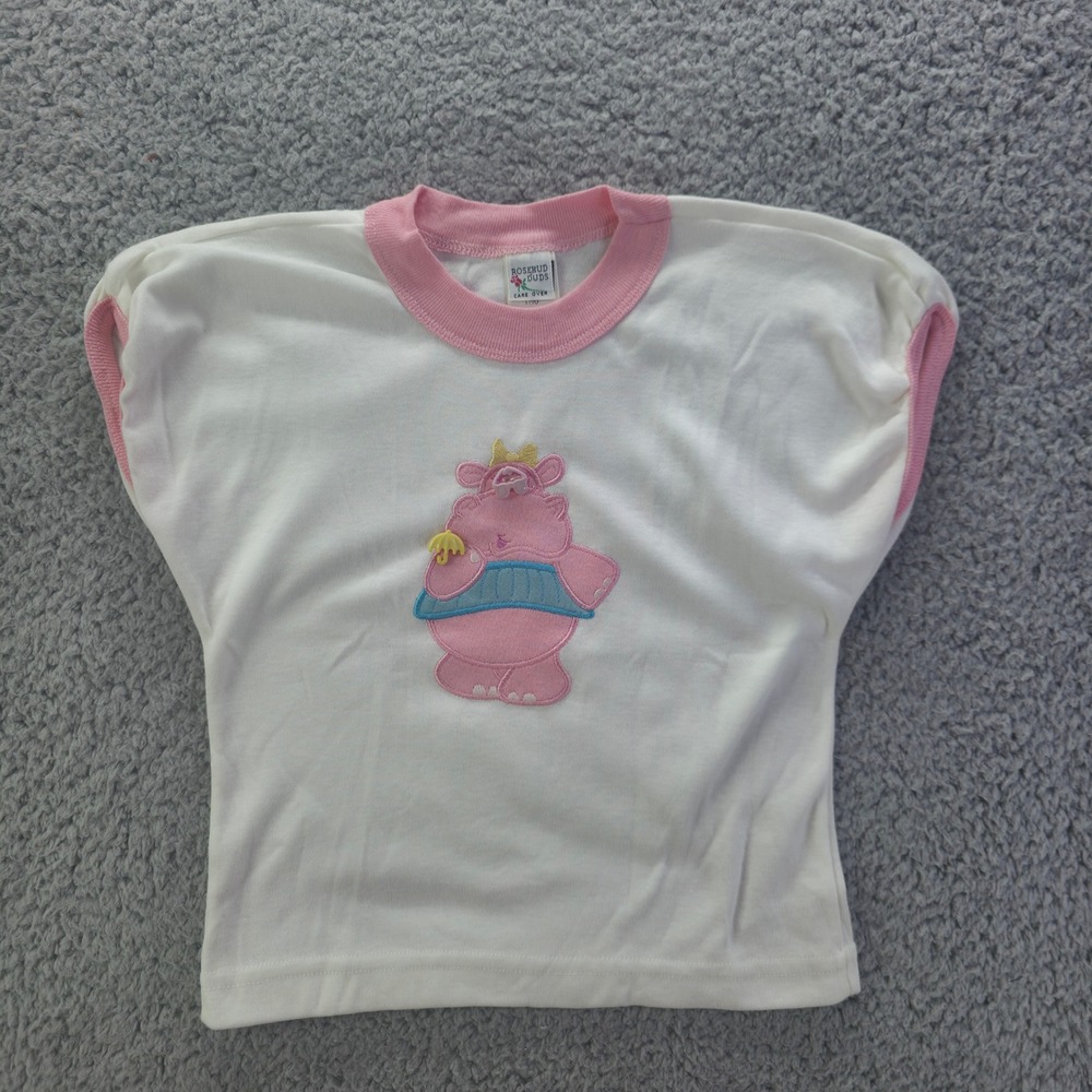 Rosebud Duds Vintage Pink Hippo Ringer Tee Shirt 2T White 90s
